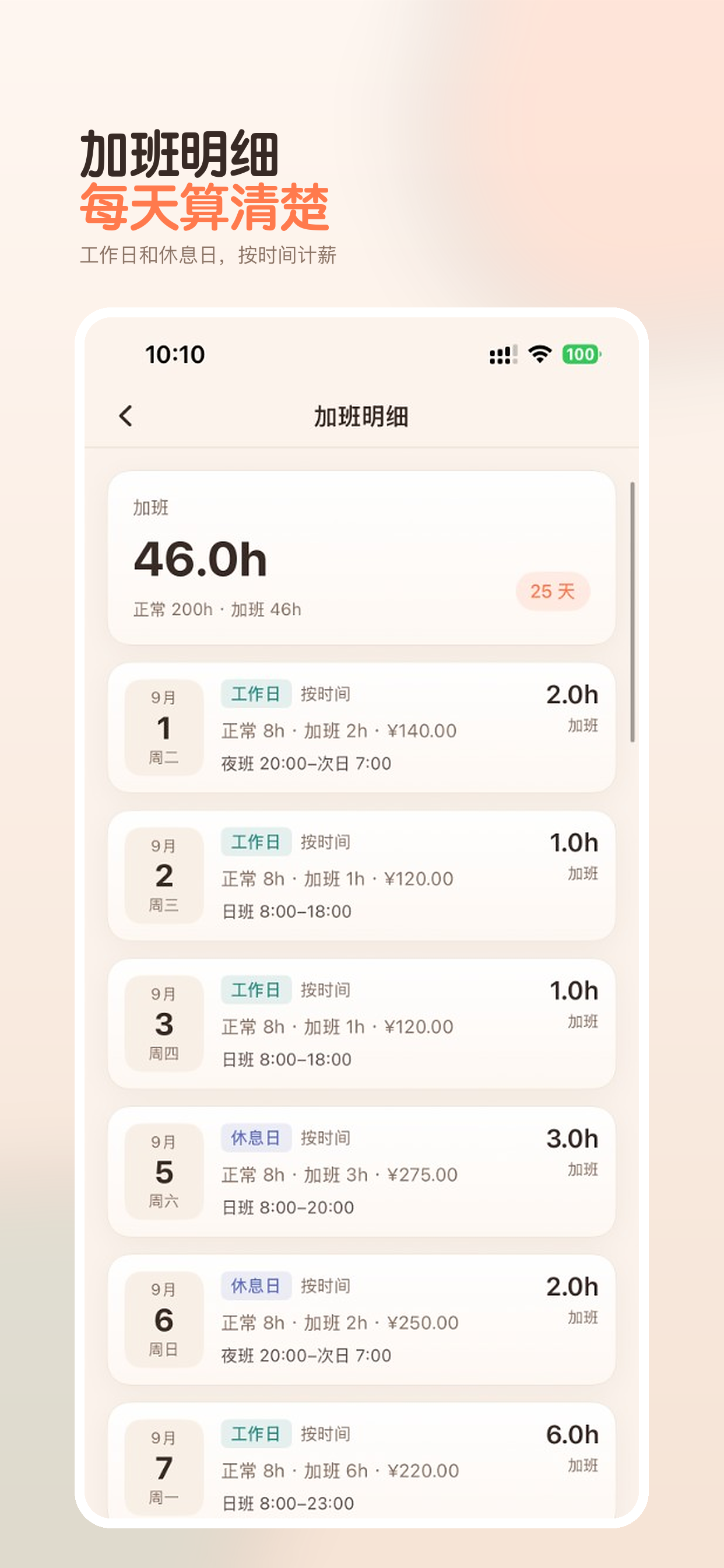 加班明细：每天的加班小时和金额